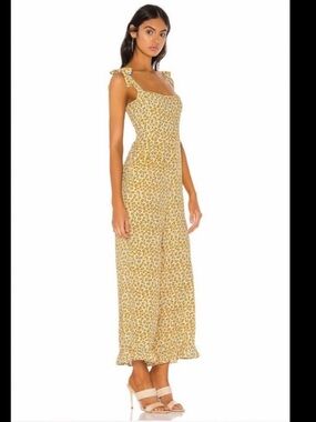 Faithfull the Brand Yellow Floral Square-Neck Cropped Jumpsuit